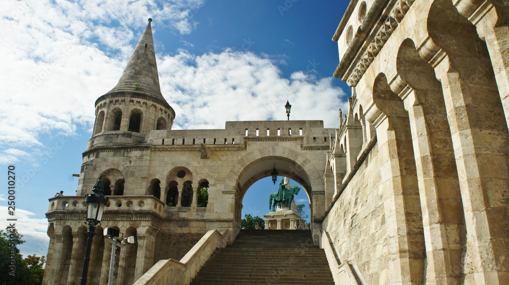 View of Fisherman's Bastion, Castle hill in Buda, beautiful architecture, sunny day, Budapest, Hungary