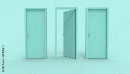 Three door Blue opened stands between two closed   Minimal idea space room and creative Background - 3d rendering