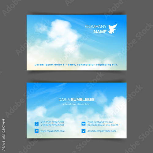 Two-sided horizontal business cards with realistic beige-blue sky and clouds. The image can be used to design a business card.