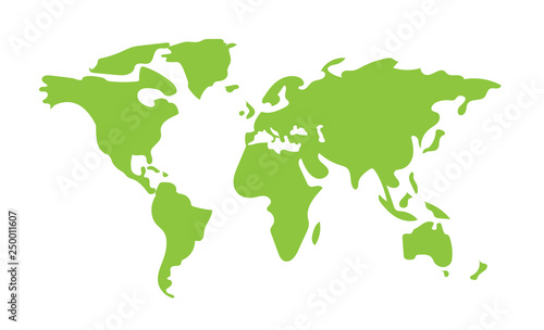 Hand drawn World Map green color, flat vector background