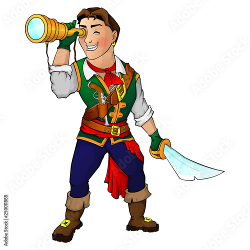 The young pirate looks into a telescope and holds a sword in his hand. Vector illustration. Eps 10