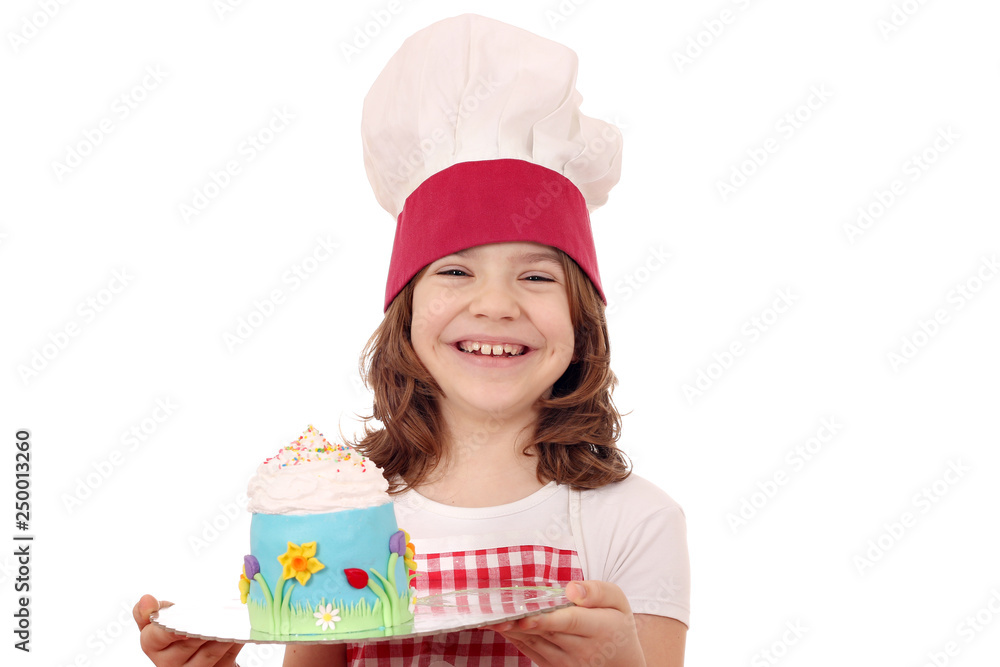 happy little girl cook with sweet cake happy little girl cook with sweet cake