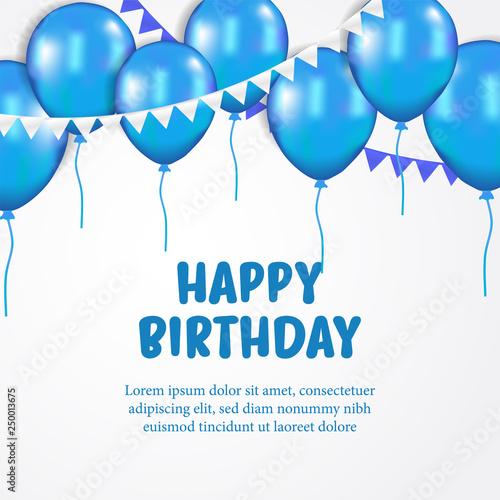Birthday banner template with 3d flying blue balloon helium with flag and white background