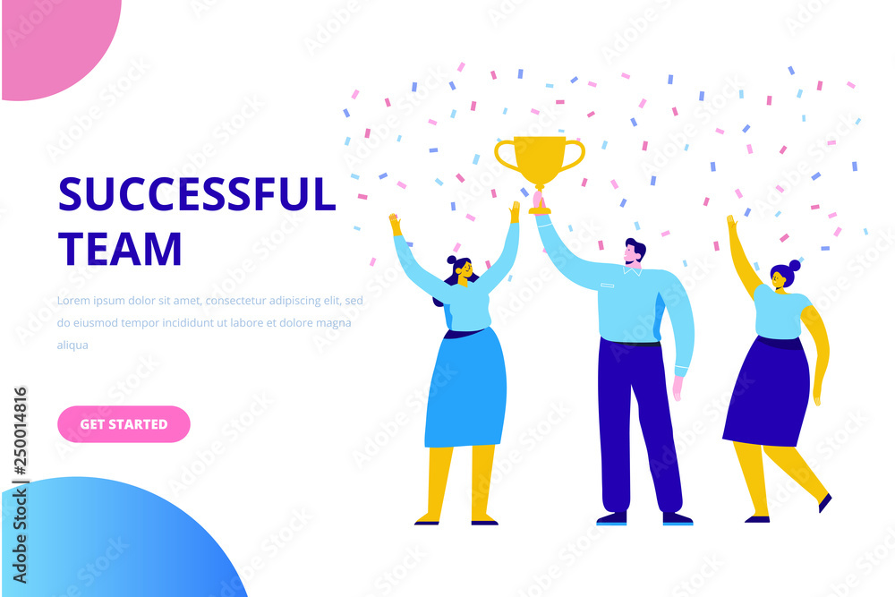 Business people character holding thropy and get reward. Team Work, Partnership, Leadership Concept. Flat vector illustration Business people character holding thropy and get reward. Team Work, Partnership, Leadership Concept. Flat vector illustration