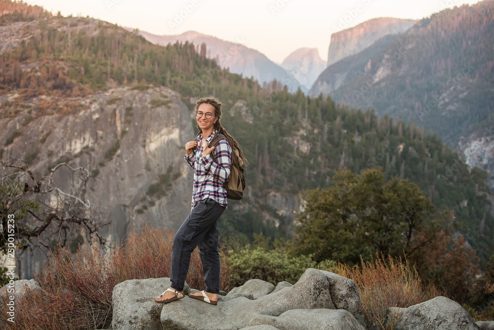 Hiker woman visit Yosemite national park in California