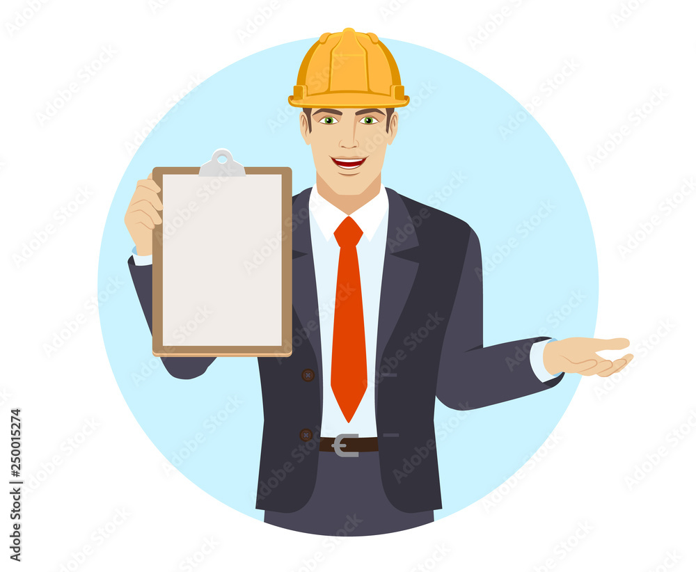 Businessman in construction helmet holding the clipboard and gesturing Businessman in construction helmet holding the clipboard and gesturing