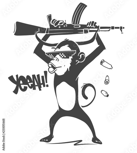 Monkey with automatic rifle - Vector print design