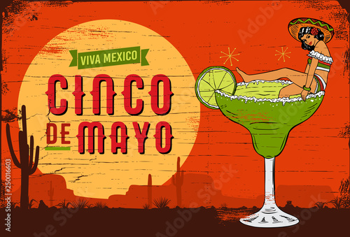 Cinco de Mayo, Traditional Mexico holiday, A Mexican girl in a margarita cocktail, vector
