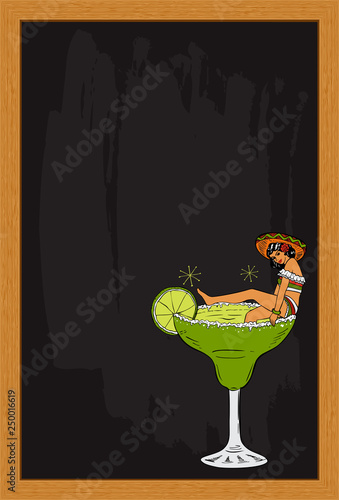 A Mexican girl in a margarita cocktail on a blackboard, vector