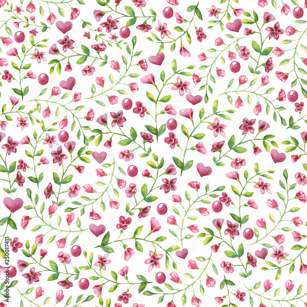 seamless pattern small pink flowers and leaf on white background