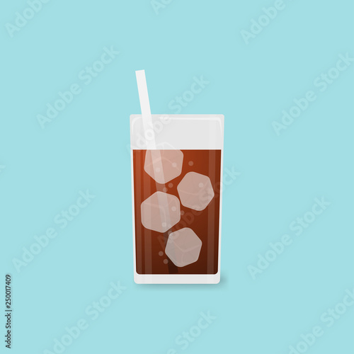 Vector illustration Fresh cool cola in glass on blue background.