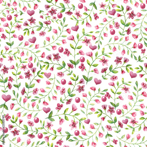 seamless pattern small pink flowers and leaf on white background