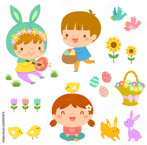 Set of Easter illustrations with cute kids, animals and flowers