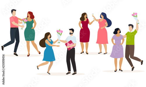 Couples of happy men and women celebrate some event, give presents and have fun. Vector