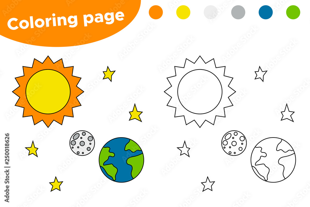 printable coloring page with solar system cartoon sun earth and moon educational game for preschool kids space day vector illustration stock vector adobe stock