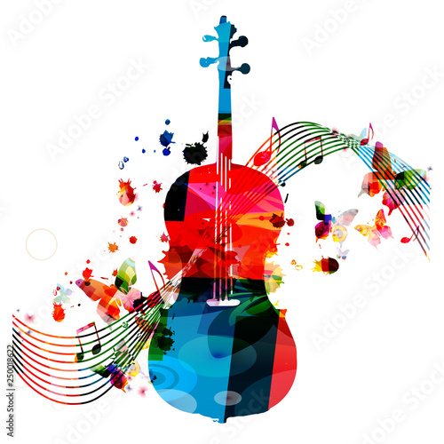 Colorful violoncello with music notes isolated vector illustration design. Music background. Music instrument poster with music notes, festival poster, live concert events, party flyer