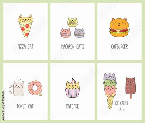Set of kawaii cards with foods with cat ears, macarons, pizza, burger, ice cream, cupcake, donut, coffee. Isolated objects. Hand drawn vector illustration. Line drawing. Design concept kids print.