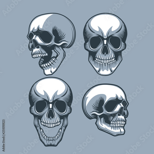 A set of four skulls looking in different directions. .Monochrome tattoo style.