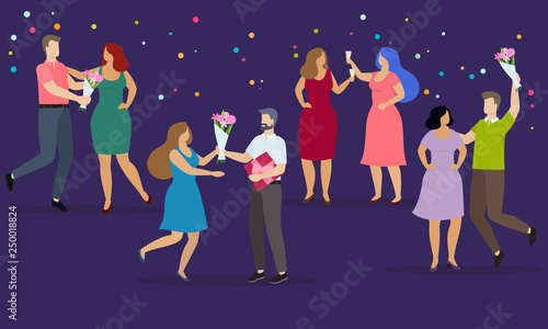 Couples of happy men and women celebrate some event, give presents and have fun. Vector