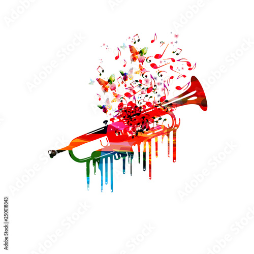 Colorful trumpet with music notes isolated vector illustration design. Music background. Music instrument poster with music notes, festival poster, live concert events, party flyer