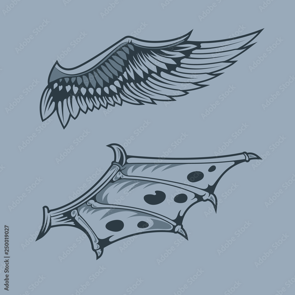 Angel and Dragon Wings .Monochrome tattoo style. Angel and Dragon Wings .Monochrome tattoo style.