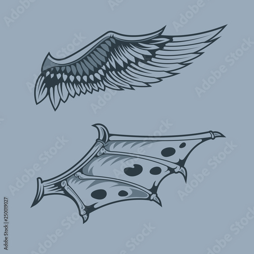 Angel and Dragon Wings .Monochrome tattoo style.