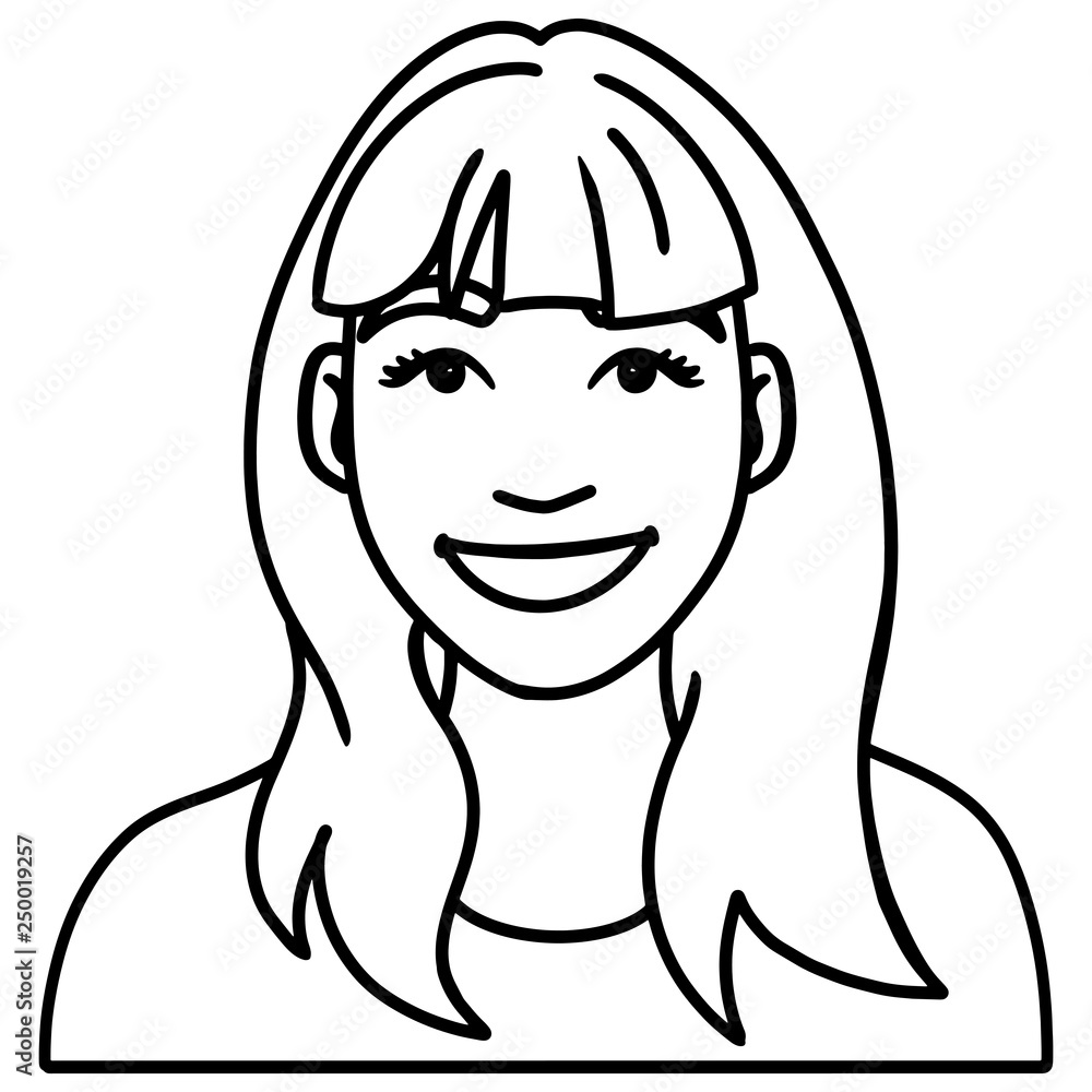 Hand drawn vector illustration of a young woman with long hair who laughs in the. black and white, outline comic. isolated. Hand drawn vector illustration of a young woman with long hair who laughs in the. black and white, outline comic. isolated.