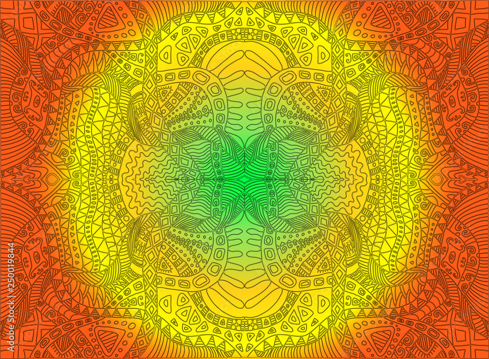 Bright sunny decorative psychedelic ornament, on green yellow orange colors  gradient background. Vector hand drawn shamanic fantasy mandala background.  Stock Vector | Adobe Stock