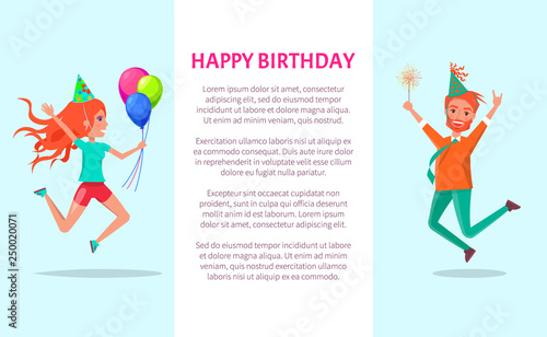 Happy birthday greeting card, redhead man and woman merrily jump on Bday party. Cartoon people in festive hats and sparkler leap of joy with hands up, vector