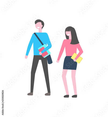 College or school teenagers, faceless characters, university learners. Male and female students vector isolated cartoon people with textbooks, man with bag