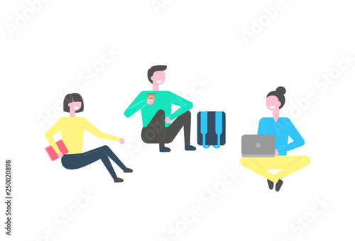 Cartoon style students relaxing during break in college or university. Vector young people male and female sitting with books, drinking coffee and typing on notebook