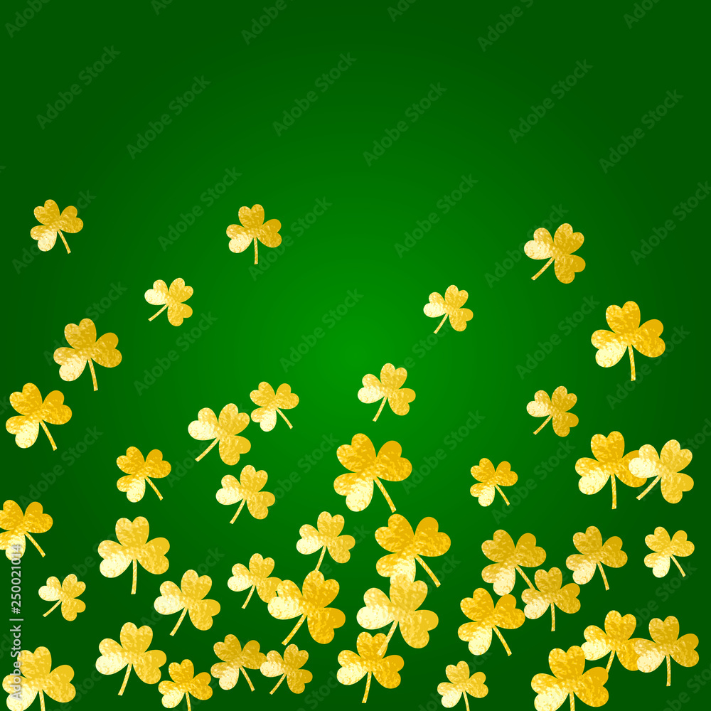 St patricks day background with shamrock. Lucky trefoil confetti. Glitter frame of clover leaves. Template for gift coupons, vouchers, ads, events. Festive st patricks day backdrop.