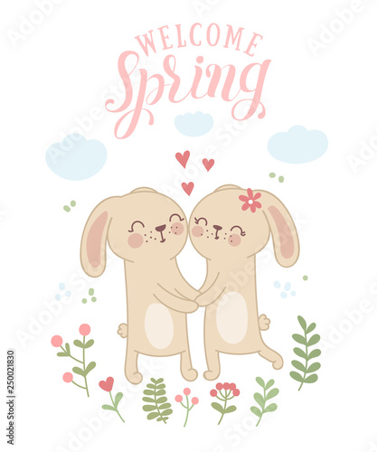 Vector poster with cute rabbits in love and spring slogan
