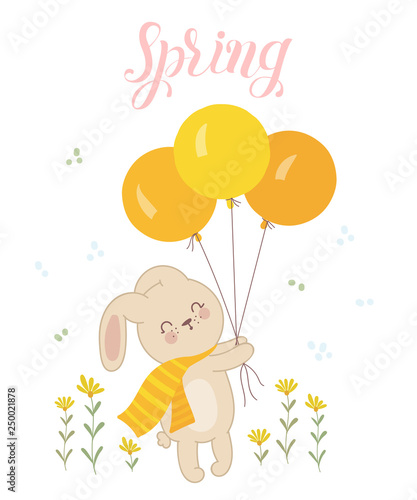 Vector poster with cute rabbit with balloons and spring slogan