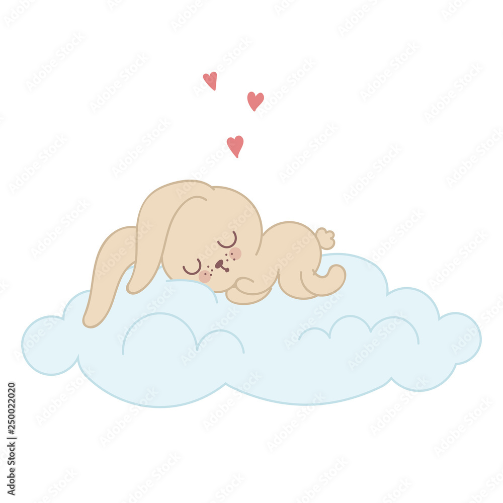 Vector poster with cute rabbit slipping on a cloud Vector poster with cute rabbit slipping on a cloud