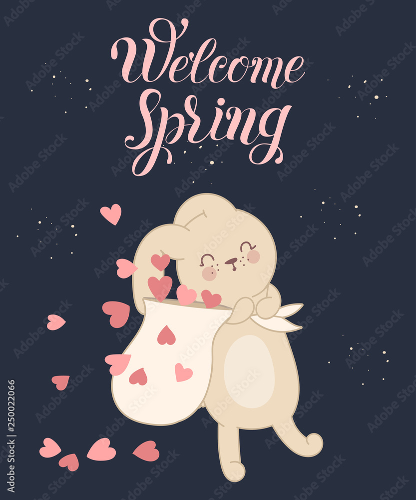 Vector poster with cute rabbit with bag and hearts. Spring slogan