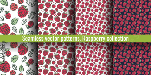 Raspberry seamless pattern set. Juicy berry collection. Hand drawn color vector sketch background. Colorful doodle wallpaper. Summer print