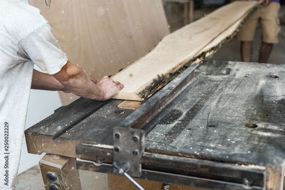 Design wood small business concept. Cropped back rear photo of cabinetmaker or handyman saw wood plank board make furniture in garage or workroom Design wood small business concept. Cropped back rear photo of cabinetmaker or handyman saw wood plank board make furniture in garage or workroom