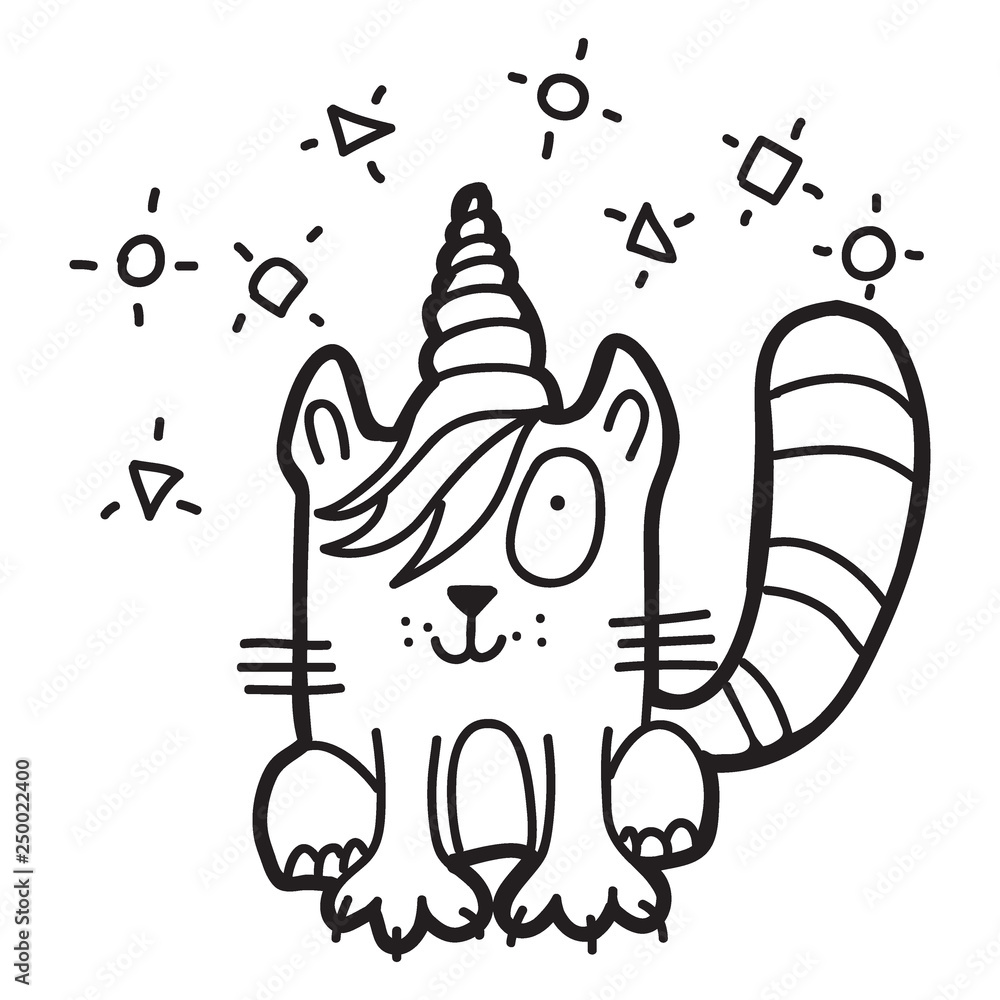 Coloring page outline cute cat unicorn. Coloring book for kids vector