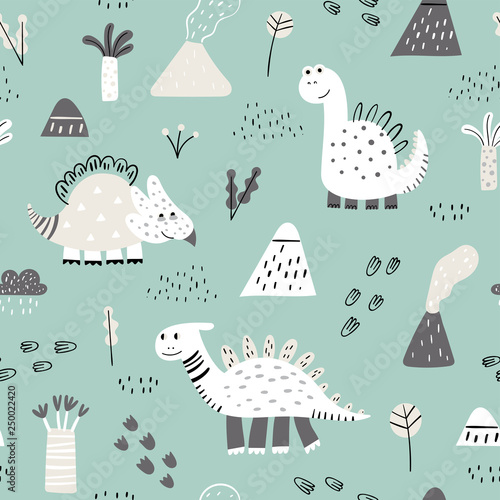 Seamless pattern with hand drawn cute dino. Creative vector childish background for fabric, textile, nursery wallpaper. Vector Illustration.