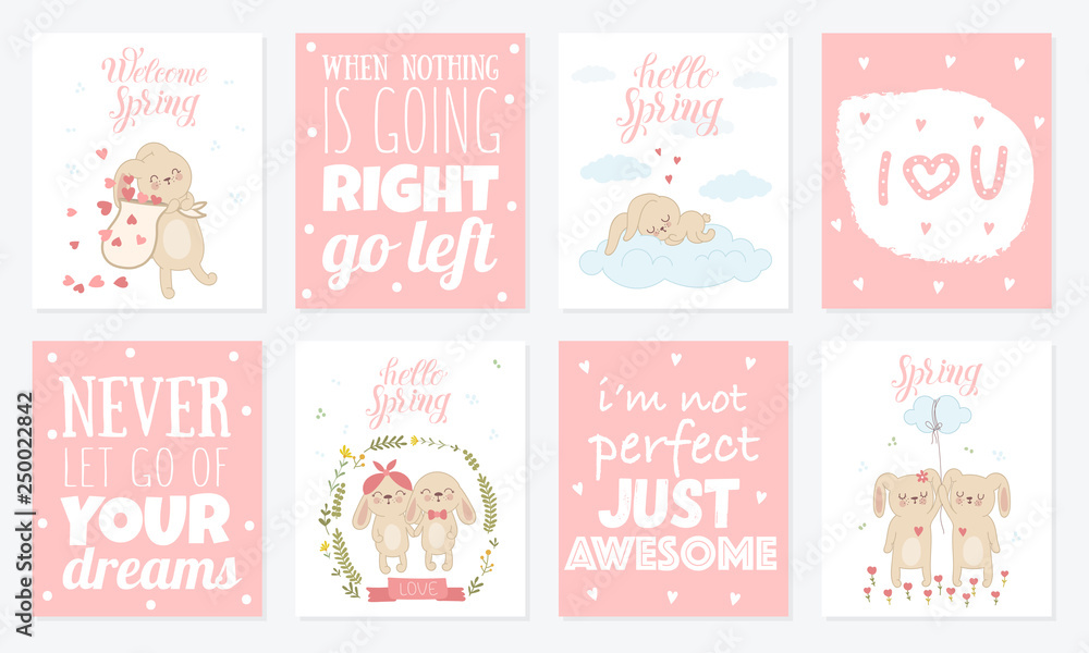 Vector poster collection with cute rabbits and spring slogan Vector poster collection with cute rabbits and spring slogan