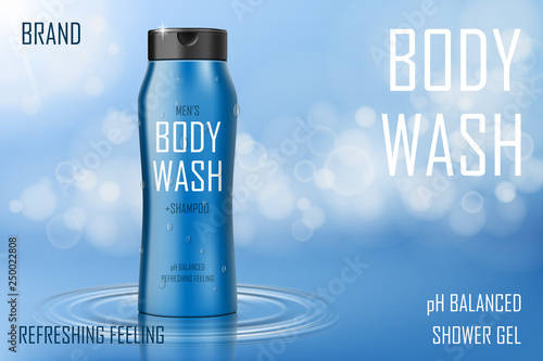 Moisture cooling body wash gel ad. Realistic body wash or shampoo bottle. Skin care packaging product design for poster or banner. 3d vector illustration photo