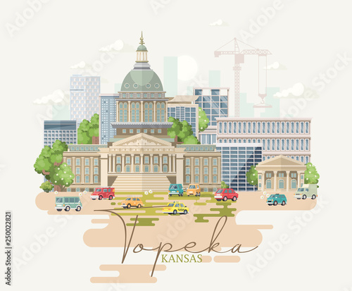 Kansas is a US state. Vector concept of tourist postcard and souvenir. Beautiful places of the United States of America on posters.