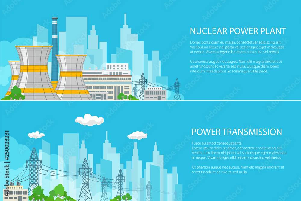 Set of Banners with Electric Power Transmission from a Nuclear Plant, Thermal Power Station on the Background of the City and Text, Vector Illustration