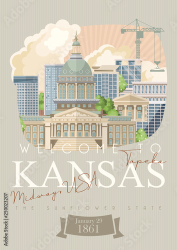 Kansas is a US state. Vector concept of tourist postcard and souvenir. Beautiful places of the United States of America on posters. photo
