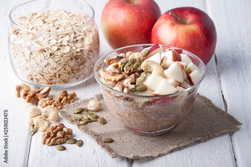 Homemade Bircher Muesli with nuts and apples