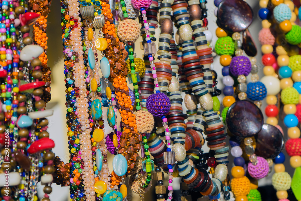 Close up of colorful necklace pile