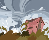 Hurricane on colorful vector poster with the damaged building and trees. Tornado 