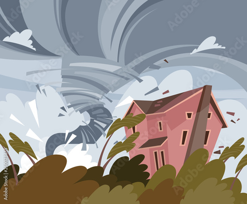 Hurricane on colorful vector poster with the damaged building and trees. Tornado  © Tatsiana Tsyhanova