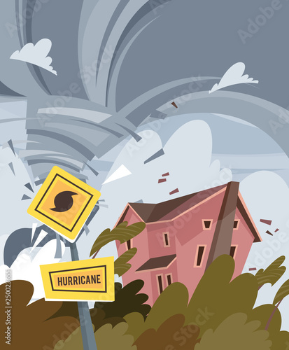 Hurricane on colorful vector poster with the damaged building and trees. Tornado 